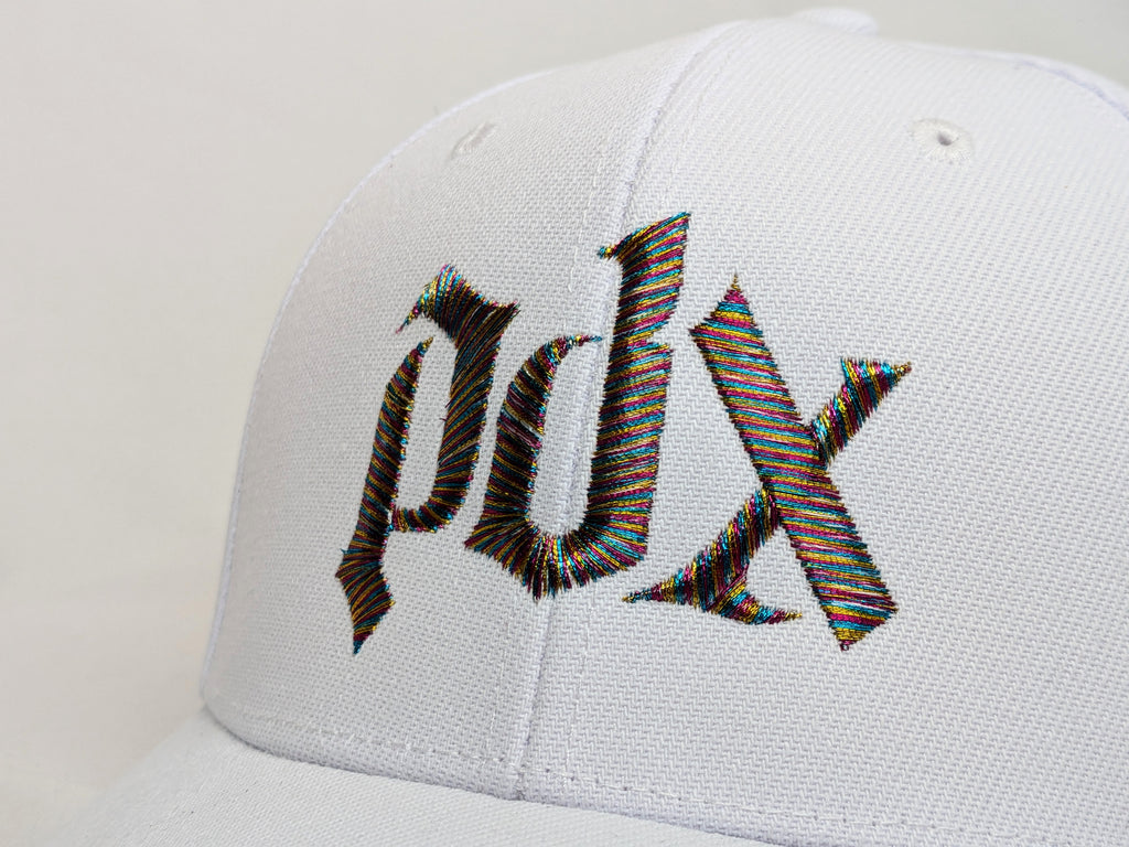 Portland Fire Metallic Thread PDX Pride Hat (White Baseball Cap)